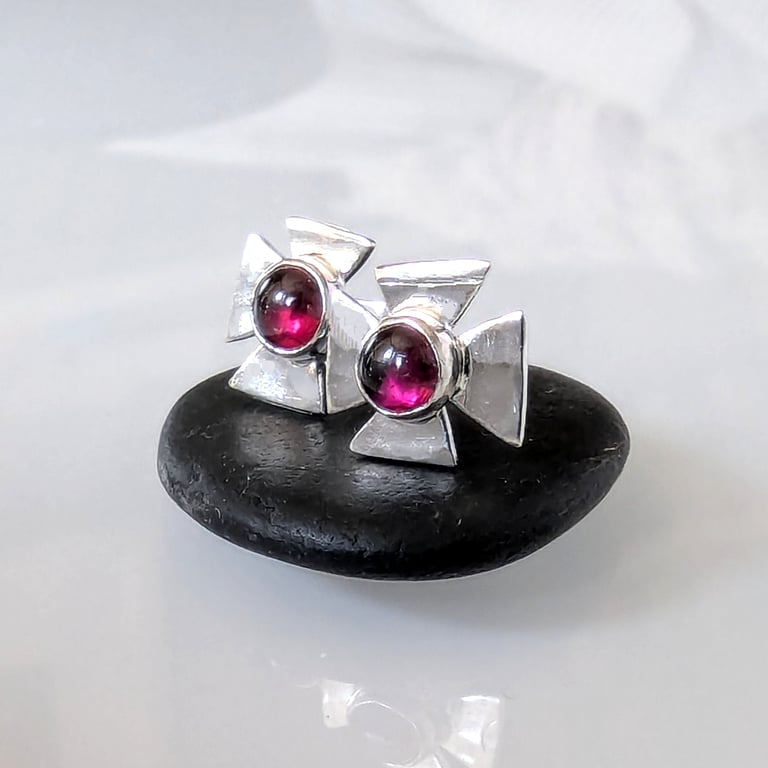 GARNET SILVER  STUDS Recycled Handmade Sterling Silver Garnet Earrings