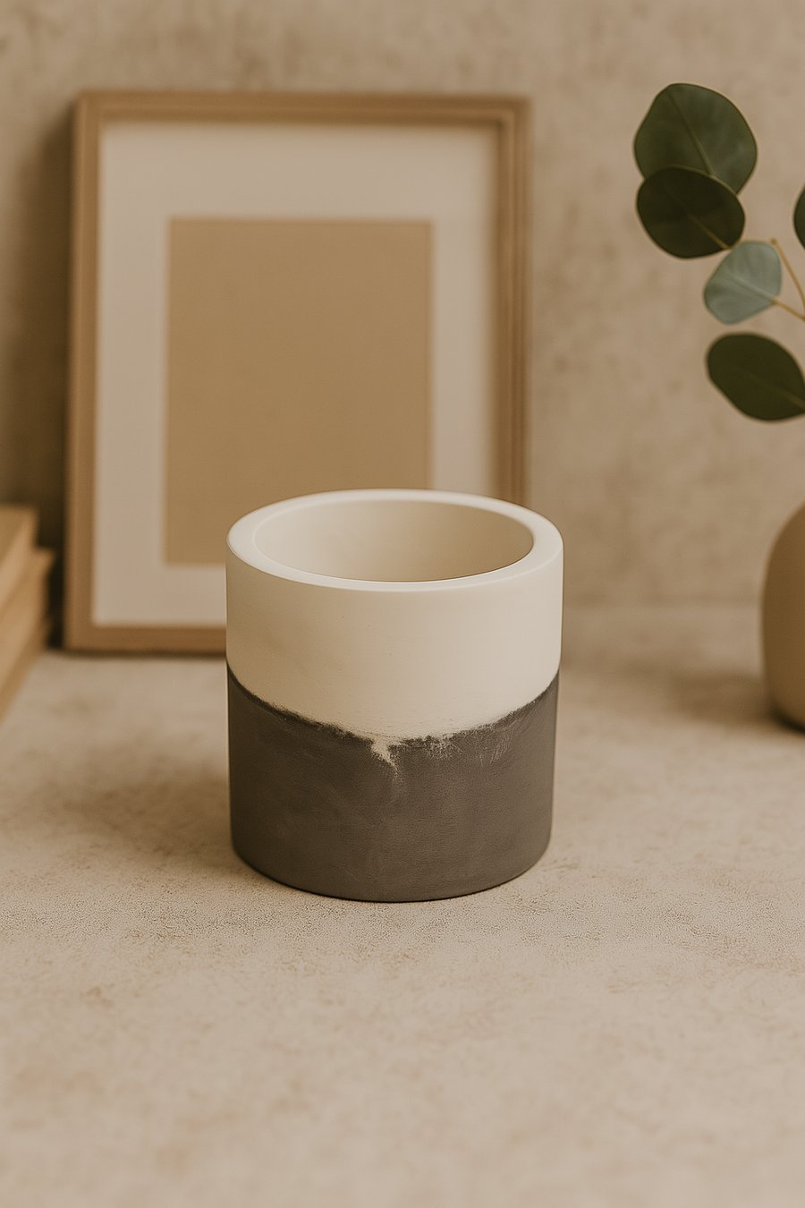 Half White, Half Grey Stonecast Vessel – Modern Decorative Container