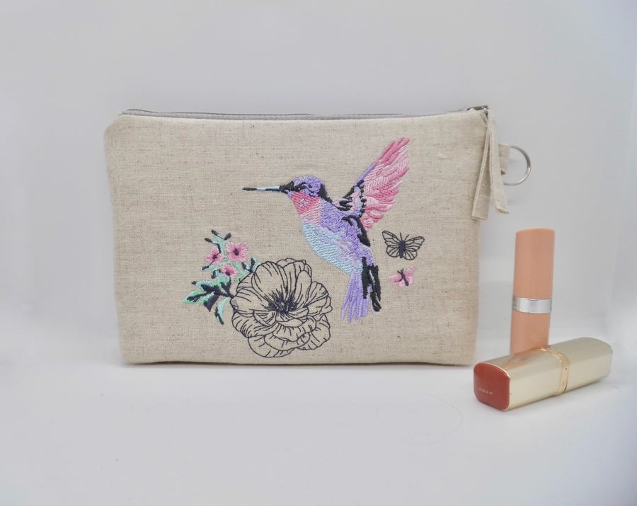 Make up bag in cotton linen fabric embroidered hummingbird humming bird