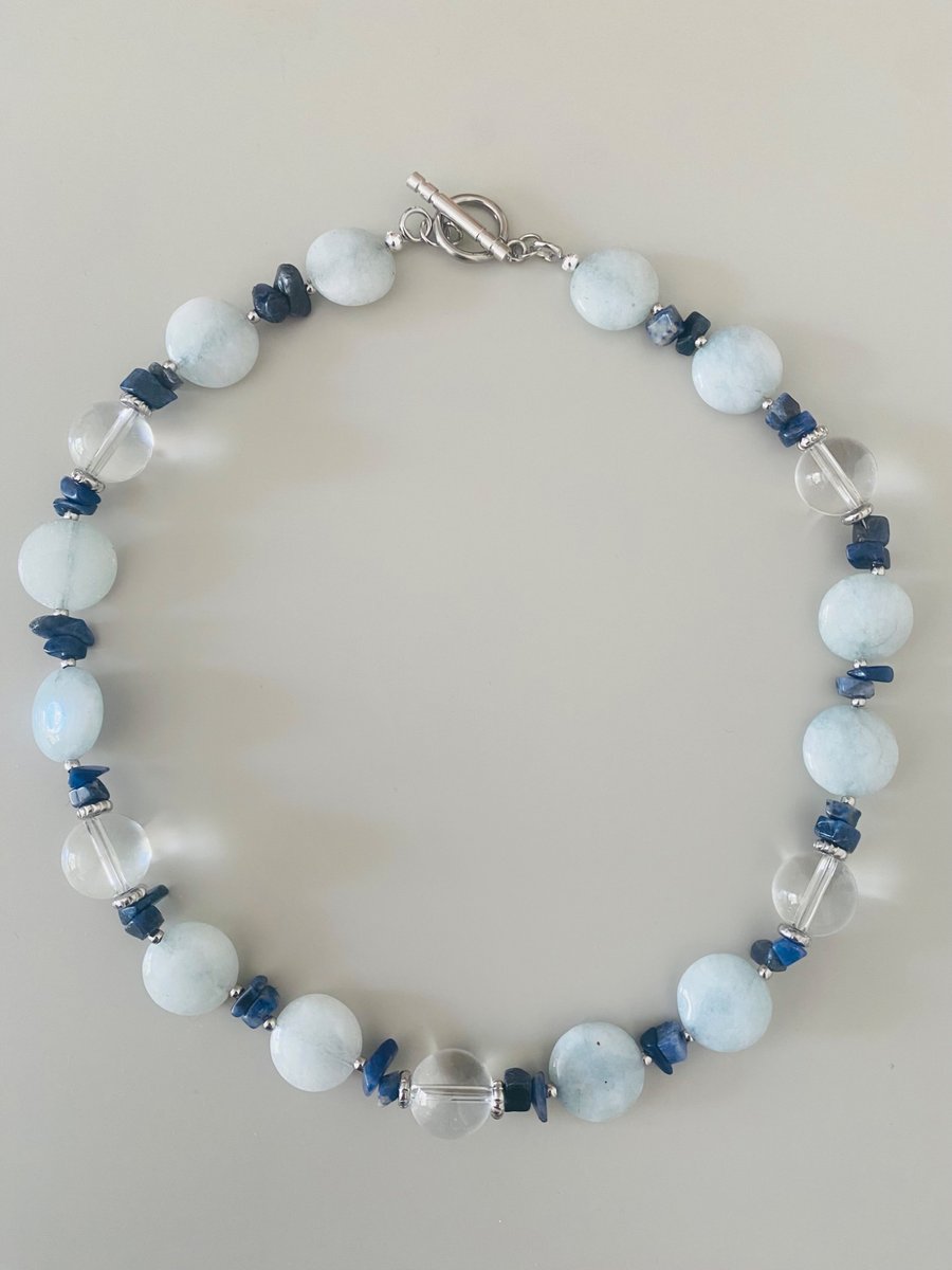 Handmade Light Blue Stone Necklace - Elegant Blue & Clear Beaded Necklace - One 