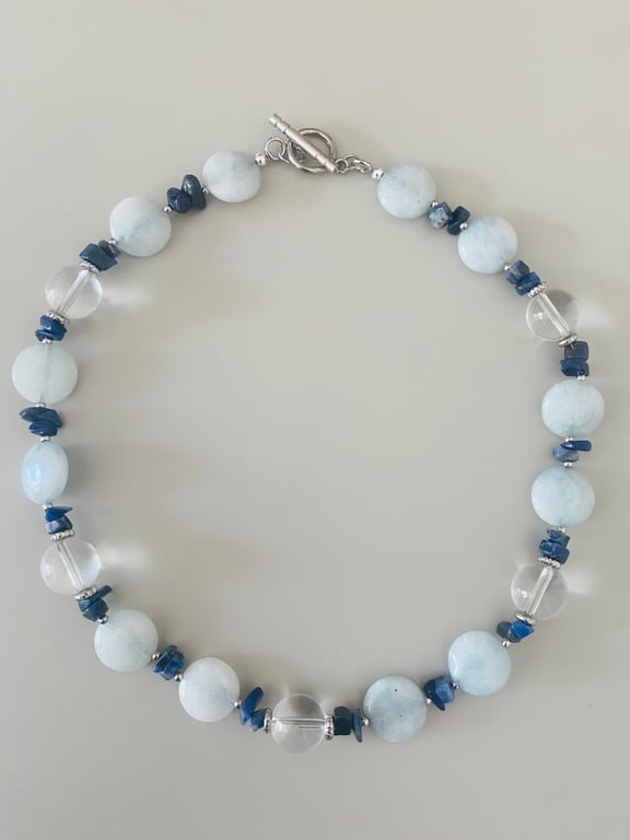 Handmade Light Blue Stone Necklace - Elegant Blue & Clear Beaded Necklace - One 