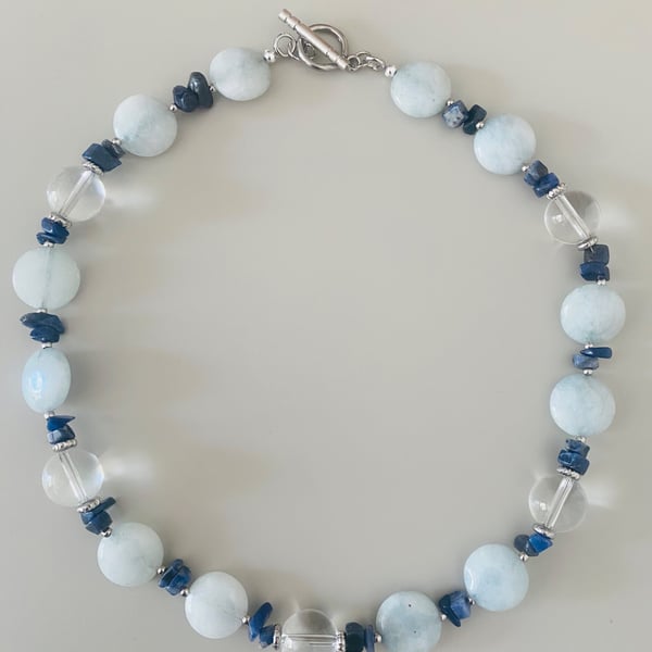 Handmade Light Blue Stone Necklace - Elegant Blue & Clear Beaded Necklace - One 