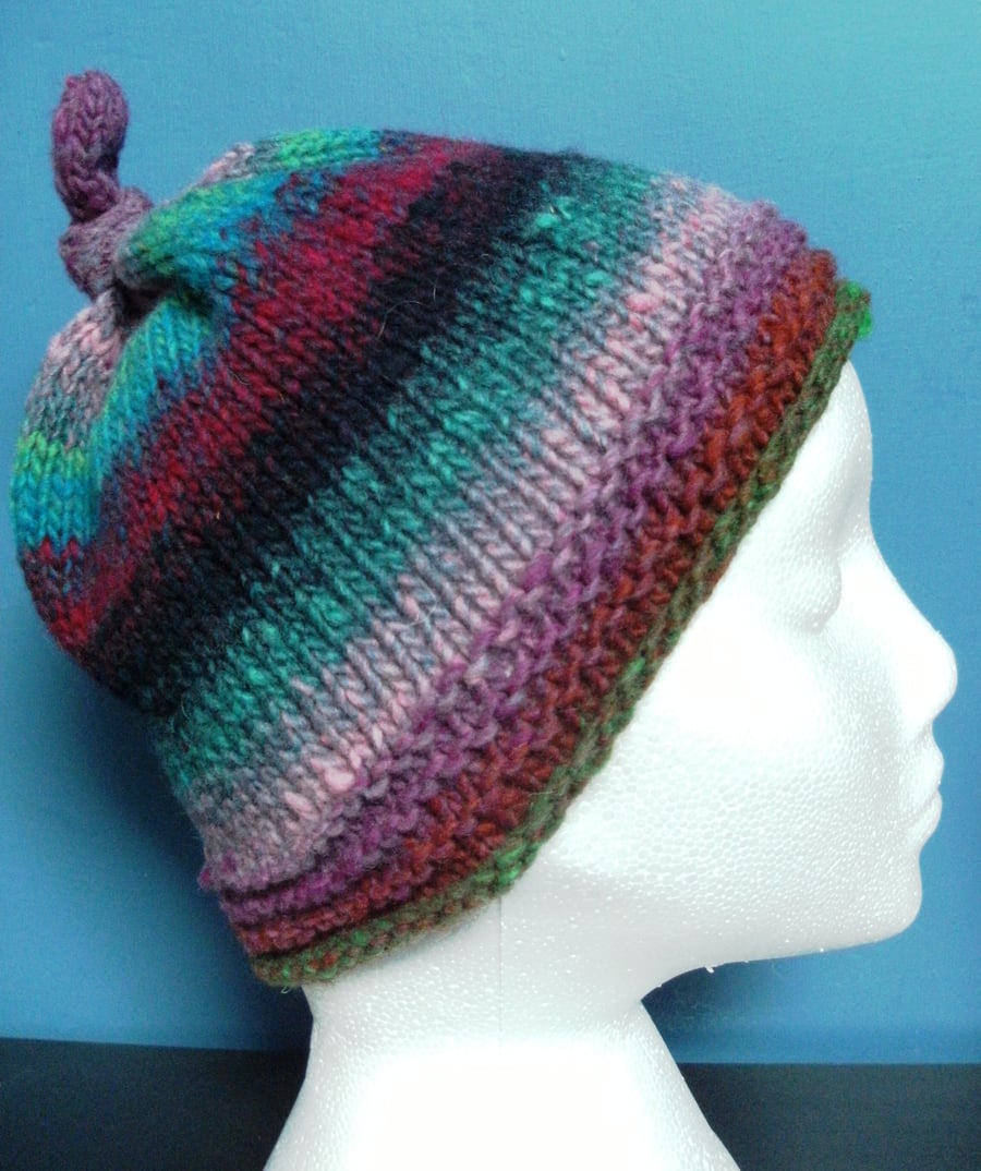 Handknit 100% WOOL NORO KNOTTY TOP BEANIE SMALL