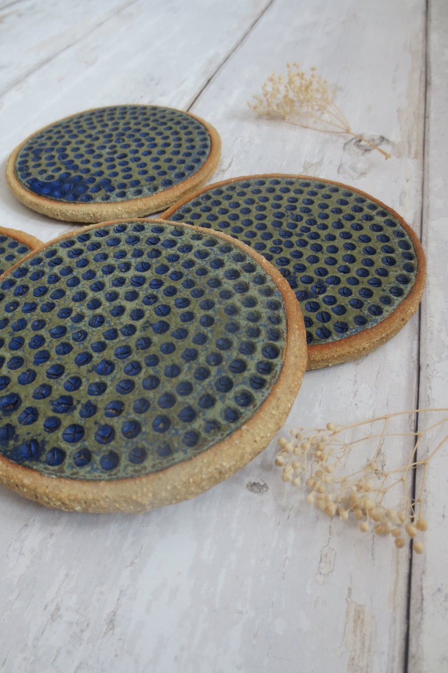 COASTERS hand-built textured pottery coaster set (x4) in sea green and blue