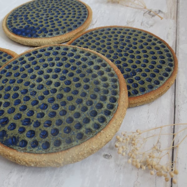 COASTERS hand-built textured pottery coaster set (x4) in sea green and blue