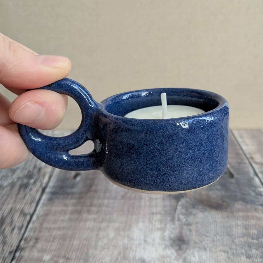 Perfectly imperfect Blue ceramic tealight holder with handle