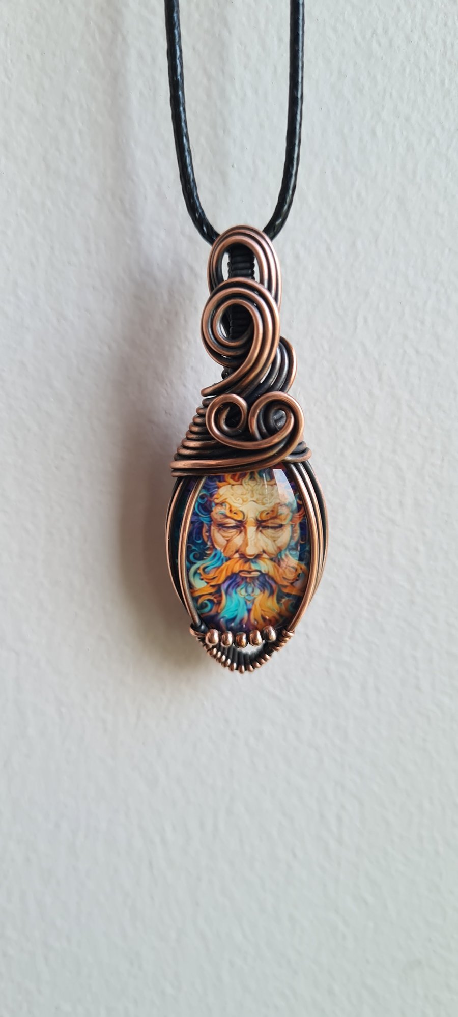 Colourful Wise Old Man Glass & Copper Pendant Necklace Gift Jewellery Jewelry 