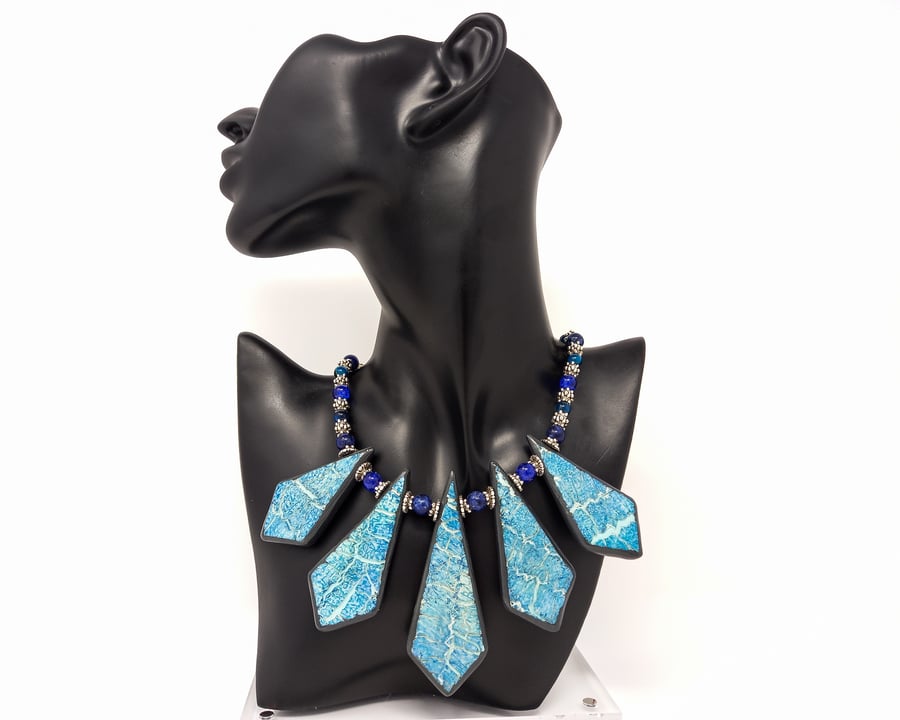 SALE - Denim blue lapis lazuli & blue tigers eye beaded statement necklace 