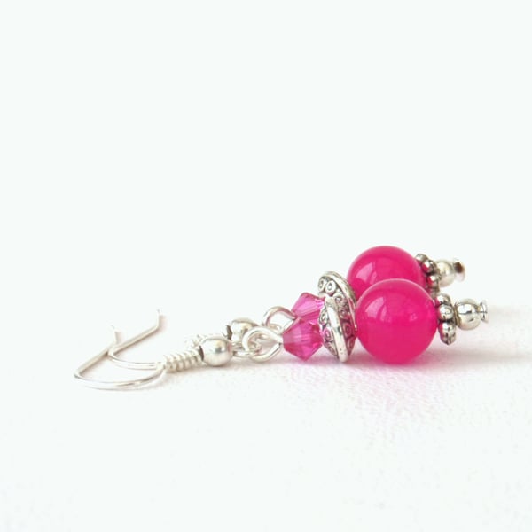 Fushia pink jade earrings with crystals by Swarovski®