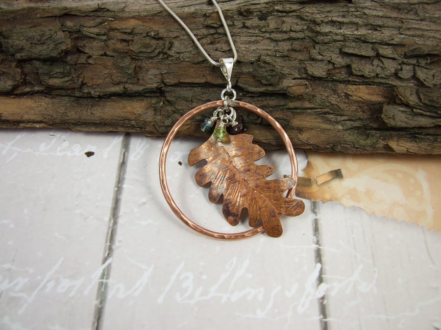 Oak Leaf Necklace, Copper and Sterling Silver with Garnet, Aquamarine & Peridot