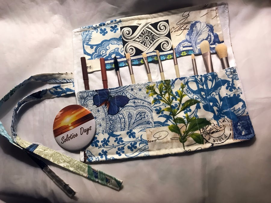 Make Up Brush Roll, Handmade Floral Blue Script or Crochet Hook Storage Case