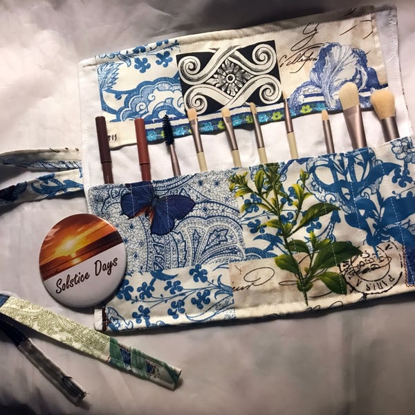 Make Up Brush Roll, Handmade Floral Blue Script or Crochet Hook Storage Case