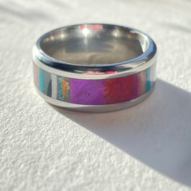 Handcarved layered resin inlay ring on stainless steel band