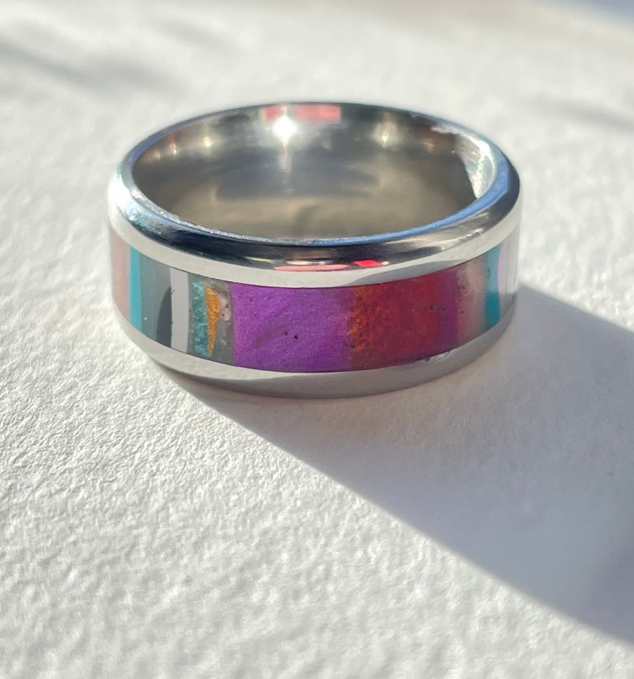 Handcarved layered resin inlay ring on stainless steel band