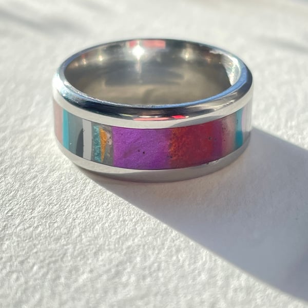 Handcarved layered resin inlay ring on stainless steel band