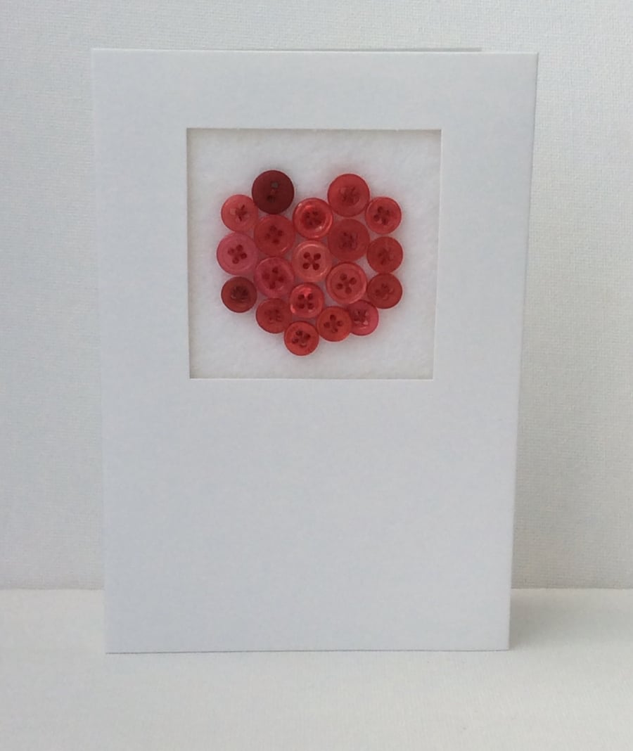 Valentine’s Day Card, Red Button filled heart, white Card 
