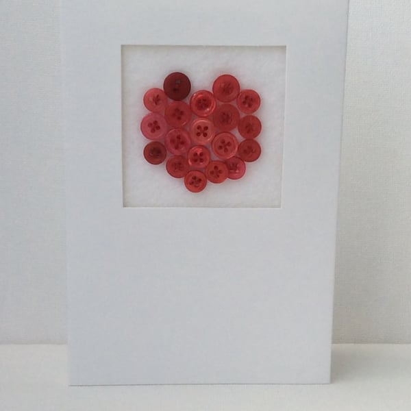 Valentine’s Day Card, Red Button filled heart, white Card 