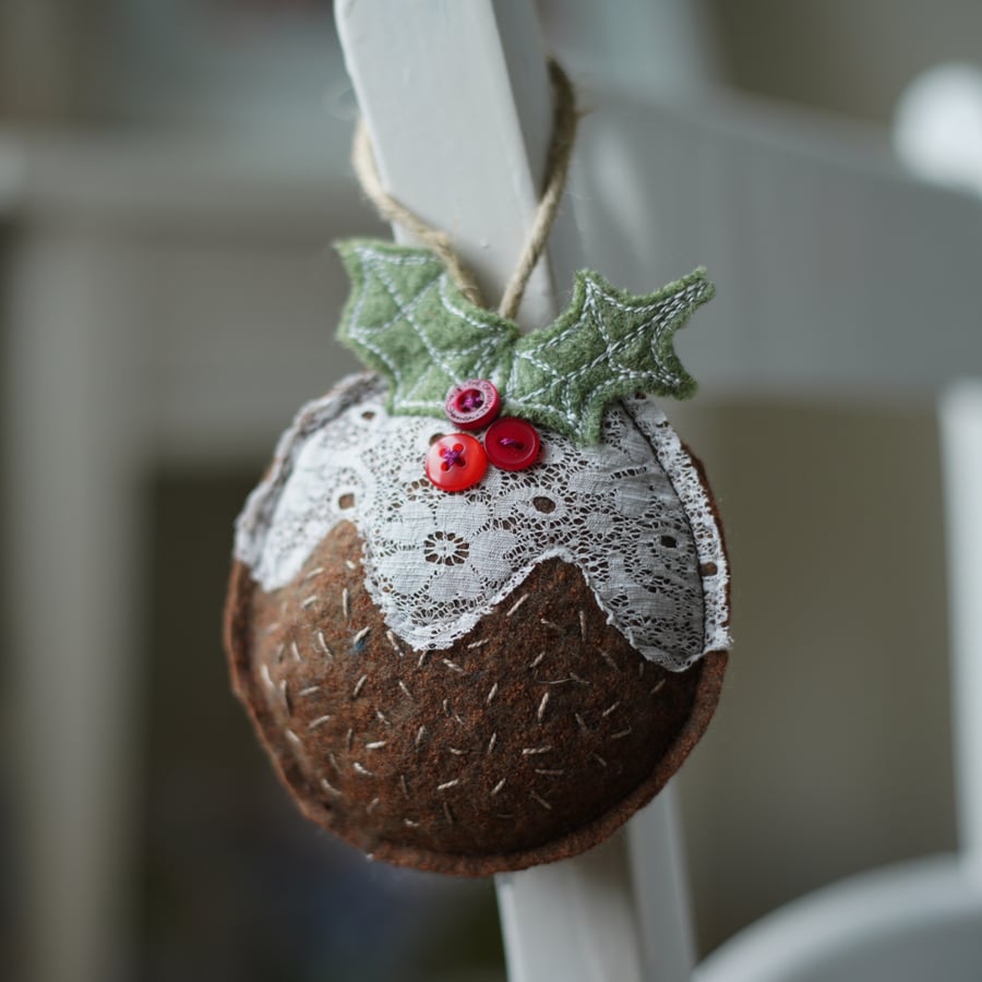 Wool Felt Embroidered Christmas Pudding Hanging Decoration Repurposed materials 