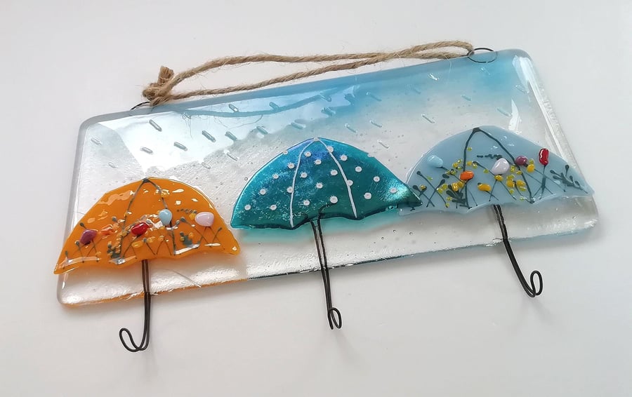 Fused Glass Umbrella Key Hooks: Colorful Kitchen Decor, Dog Lead Hook