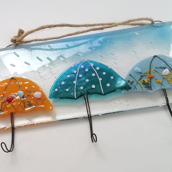 Fused Glass Umbrella Key Hooks: Colorful Kitchen Decor, Dog Lead Hook