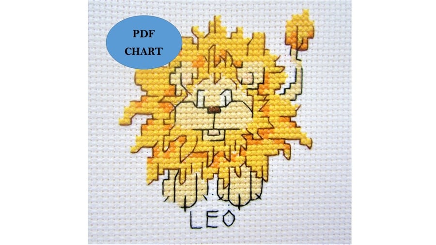 Leo zodiac star sign theme small cross stitch PDF digital Download chart