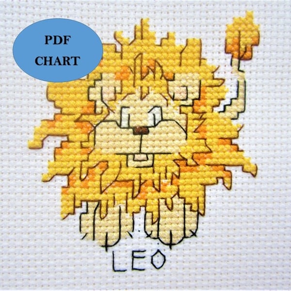 Leo zodiac star sign theme small cross stitch PDF digital Download chart