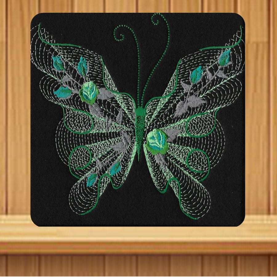Embroidered Green Butterfly and flowers embroidered Greetings Card