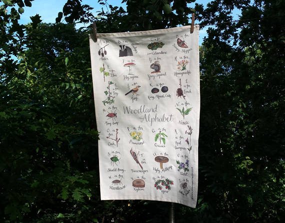 Alphabet Tea Towel of Woodland flora and fauna Illustrated by Alice Draws The Li