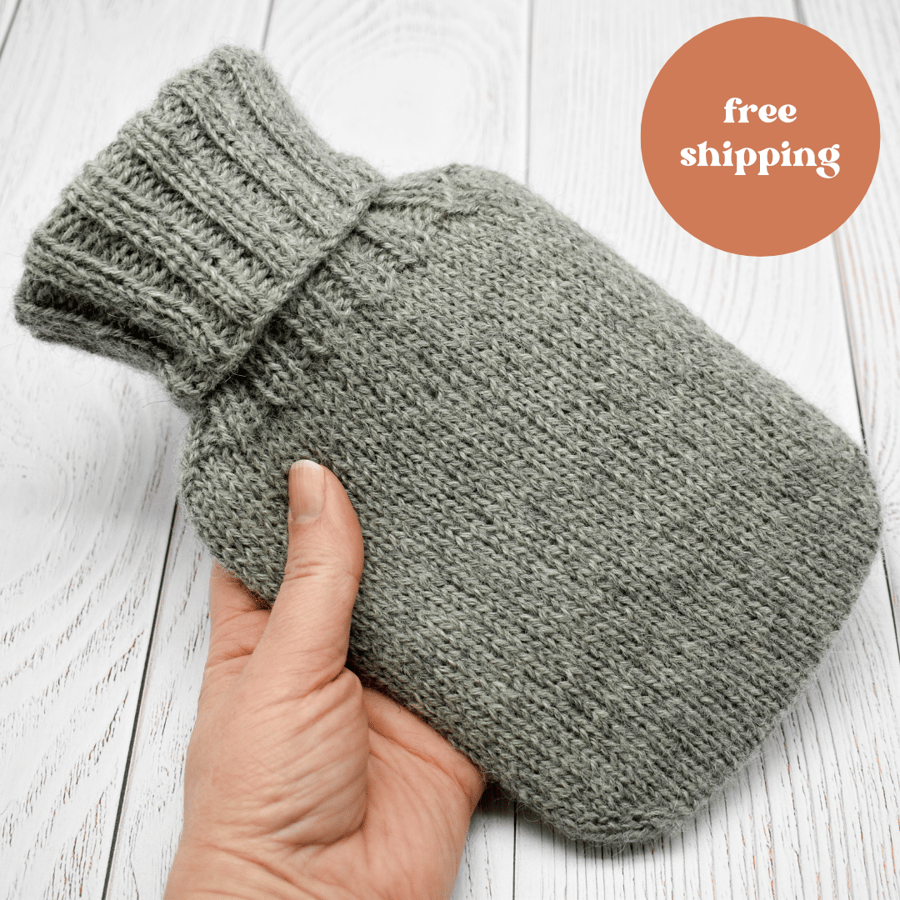 SOLD - Hand knitted Hot Water Bottle Cover - Grey