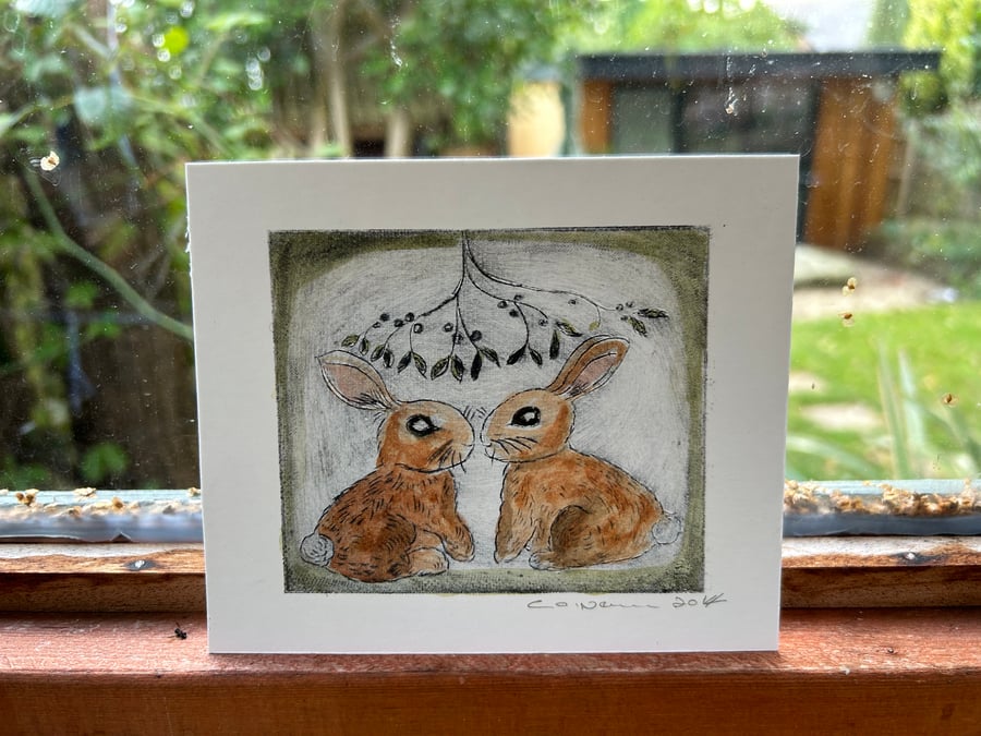 Bunnies under the mistletoe drypoint etching with Watercolour