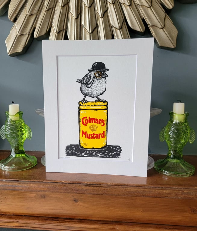 English Mustard loving bird - handmade original linocut bird art print
