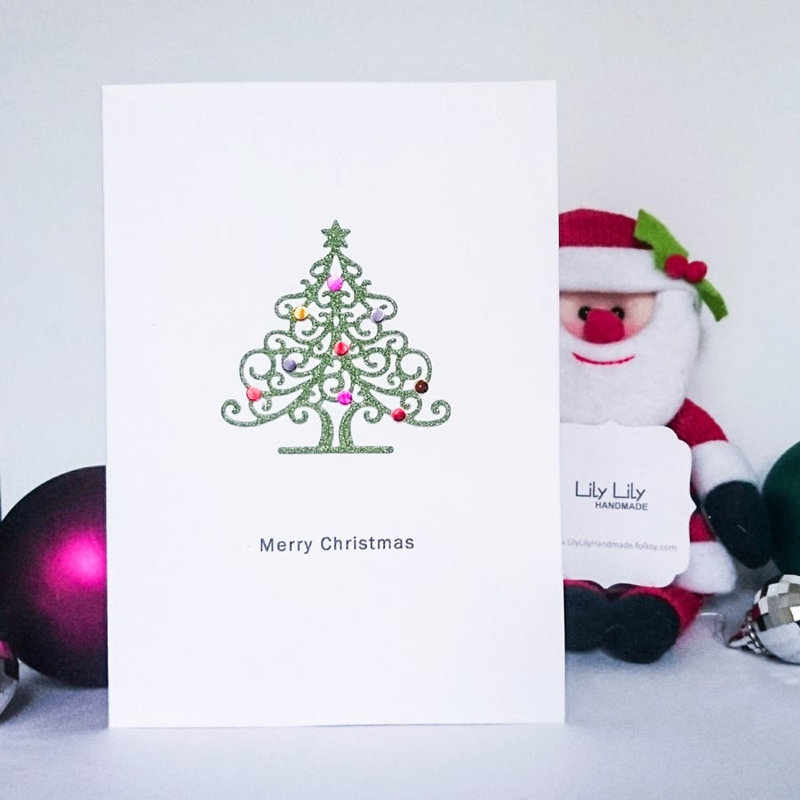 Christmas Card, Christmas tree with shiny jewel coloured baubles, handmade