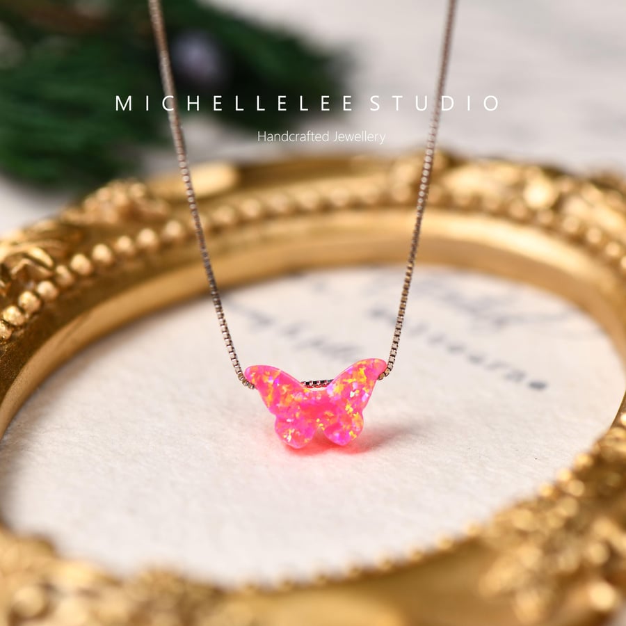 Pink Opal Butterfly Necklace With 925 Sterling Silver Chain
