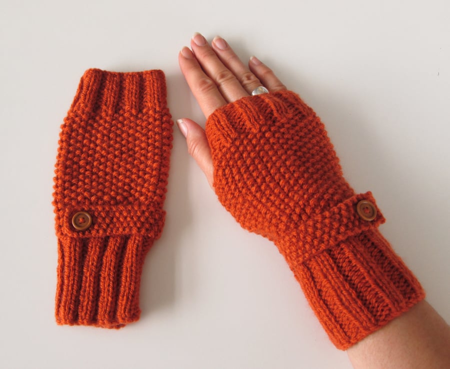 Fingerless Gloves in Burnt Orange Aran Wool 