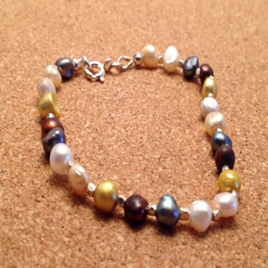 Multicoloured fresh water  pearl bracelet , natural pear stacker l bracelet 