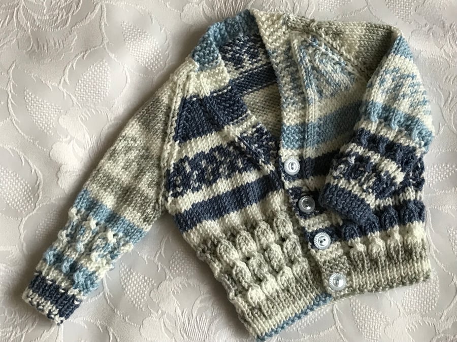 Hand Knitted Baby Cardigan White, Blues and Grey Patterned Cardigan 0 - 3 Months