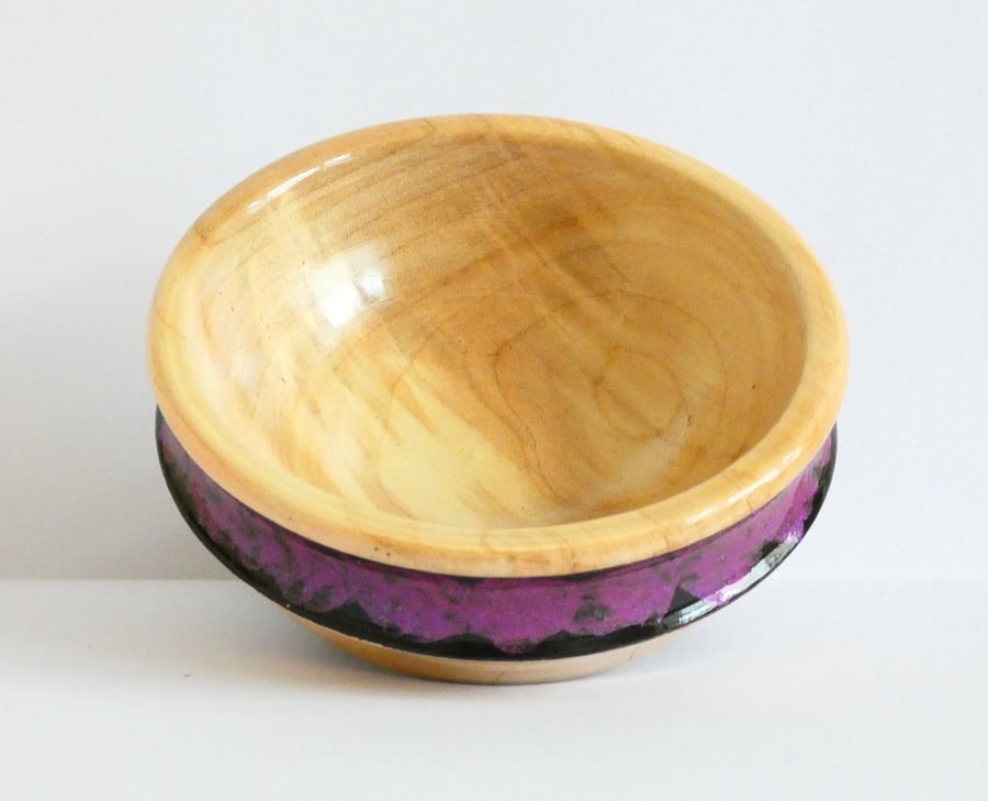 One of a Kind Sycamore Wood Trinket Bowl with Irridescent Pink and Black Band
