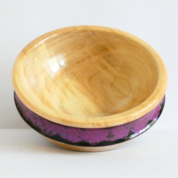 One of a Kind Sycamore Wood Trinket Bowl with Irridescent Pink and Black Band