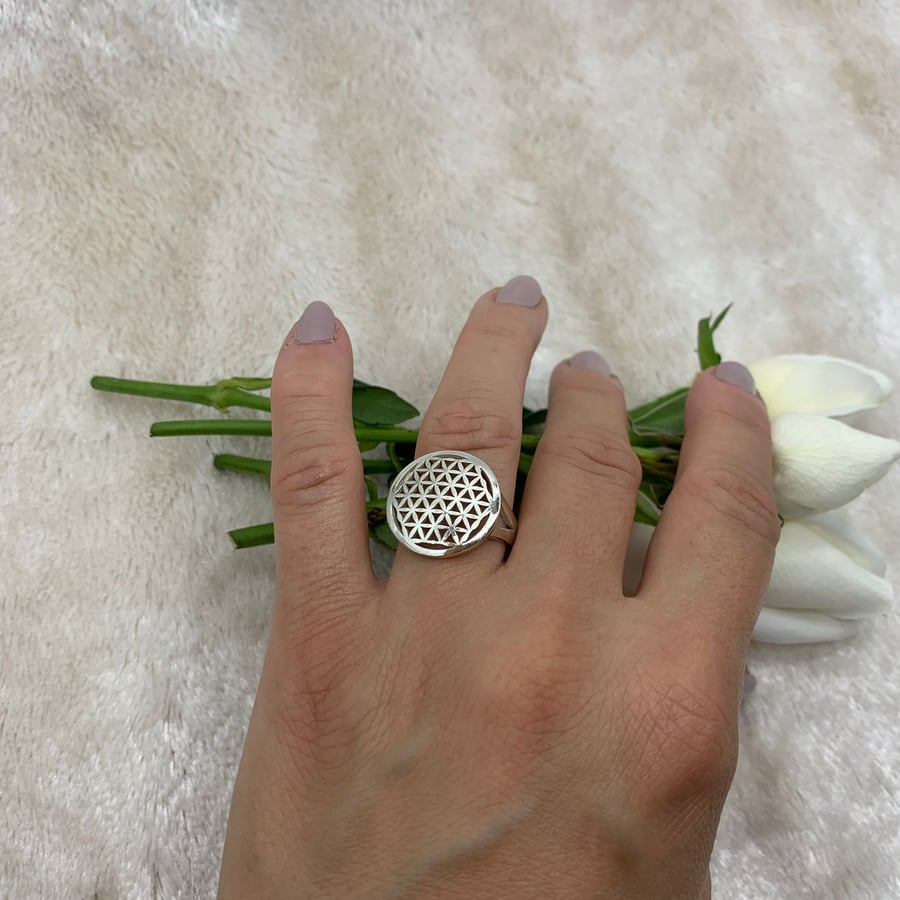 Silver Flower of Life Signet Ring, Seed of Life Ring, Sacred  Ring