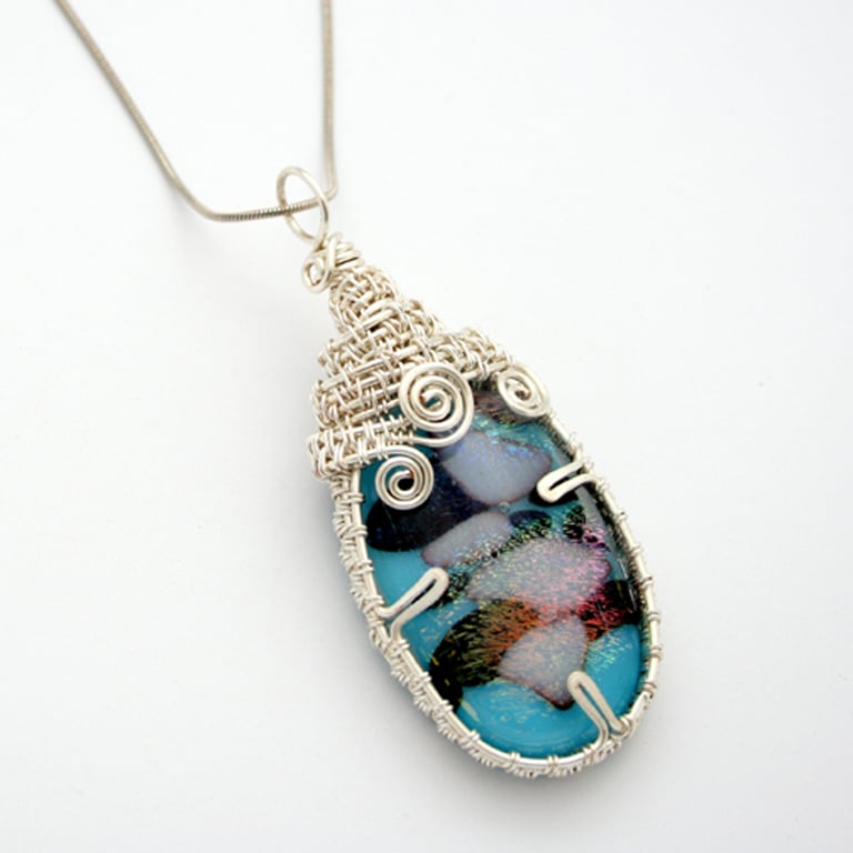 Iridescent Blue Fused Glass Wirework Pendant Necklace - One of a Kind