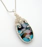 Iridescent Blue Fused Glass Wirework Pendant Necklace - One of a Kind