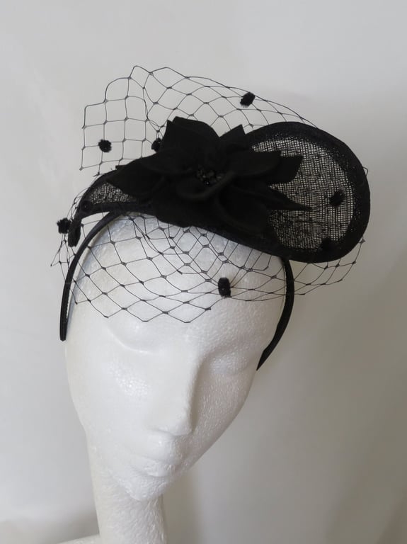 Black Elegant Halo Sinamay Teardrop Veil and Felt Flower Bespoke Fascinator