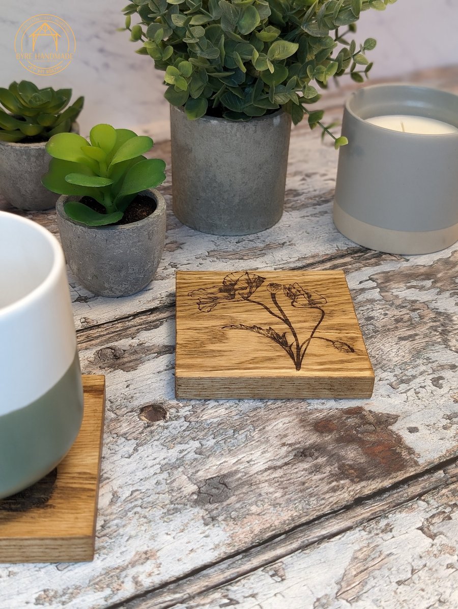 Set of 4 Wooden Coasters - Chunky Solid Oak Coaster - Engraved Flower Coaster 