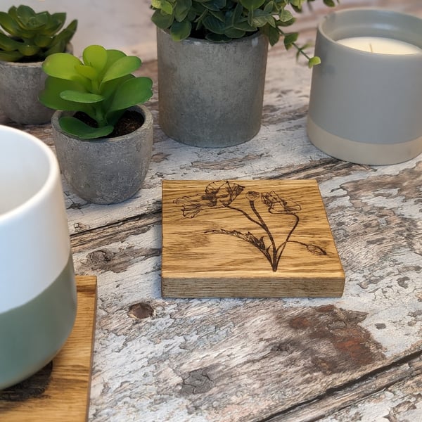 Set of 4 Wooden Coasters - Chunky Solid Oak Coaster - Engraved Flower Coaster 