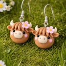 Highland Cow Clay Dangle Earrings – Cute Cow Jewellery, Silver Hooks