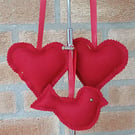 Christmas decorations set of 3 red wool tweed heart and birds robins rustic deco