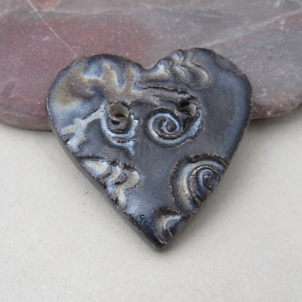 Medium Dark Earth Brocade Texture Heart Shaped Ceramic Button