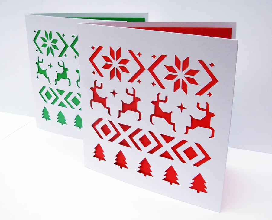 Set of 2 Christmas Cards - Fair Isle Design - Paper Cut
