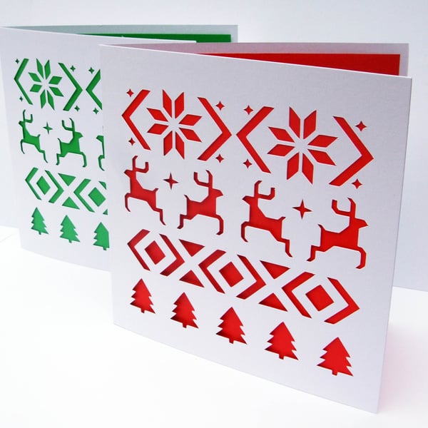 Set of 2 Christmas Cards - Fair Isle Design - Paper Cut