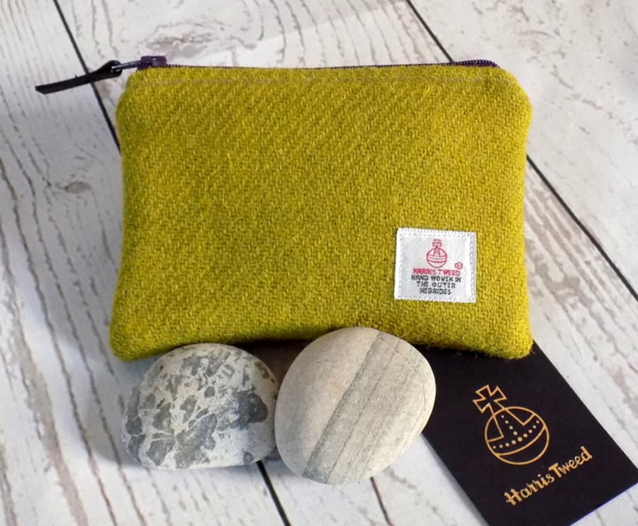Harris Tweed large coin purse in lichen green yellow, with purple zip and lining